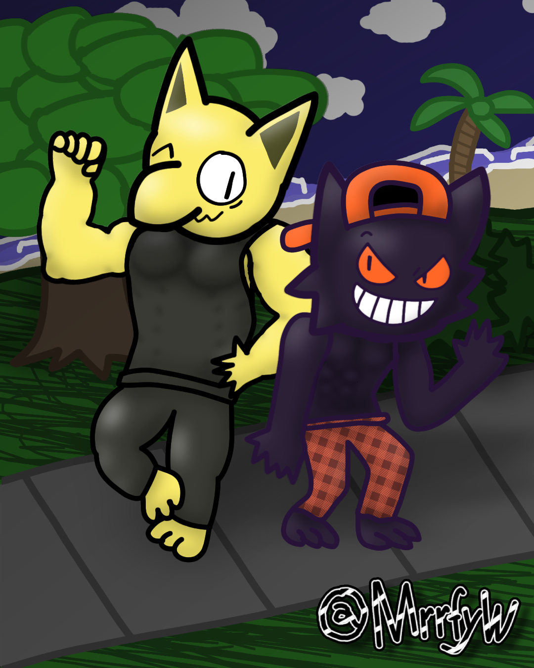 Two characters posing for the camera and looking at each other. Standing on the sidewalk near a beach area.